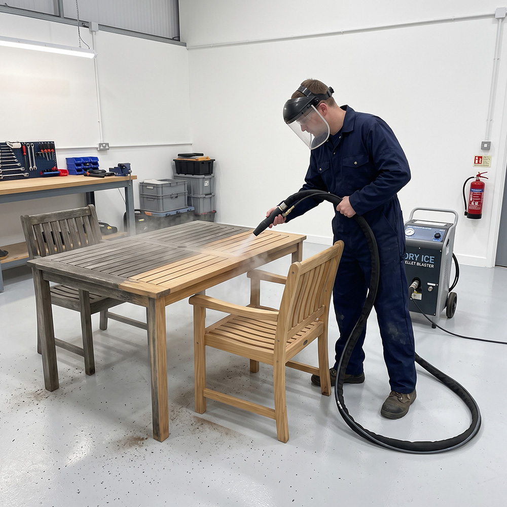 Technician dry ice blasting residential furniture